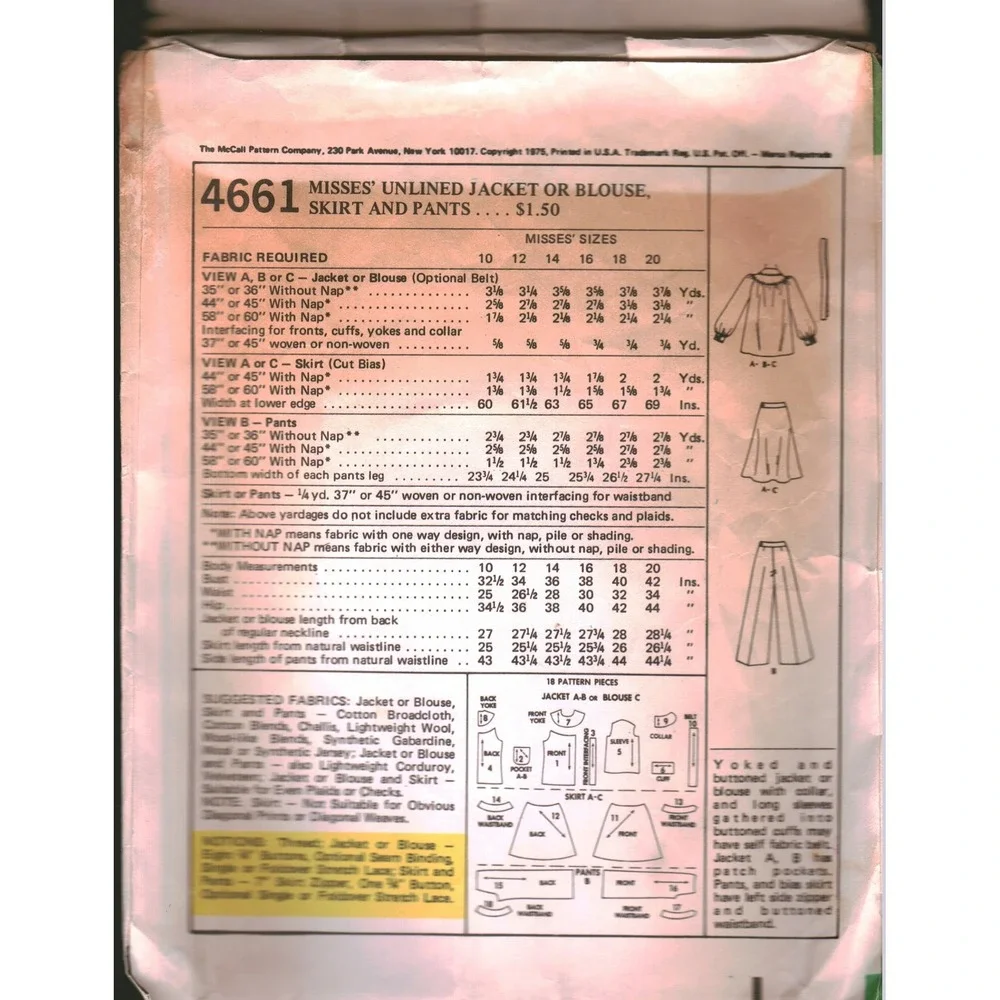 Vintage 1975 McCalls 4661 Sewing Pattern Jacket Blouse Skirt Pants Size 10 B32.5